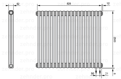 Схема (чертеж) Радиатор Zehnder Charleston 2250/18 №5510 Белый глянцевый RAL 9016